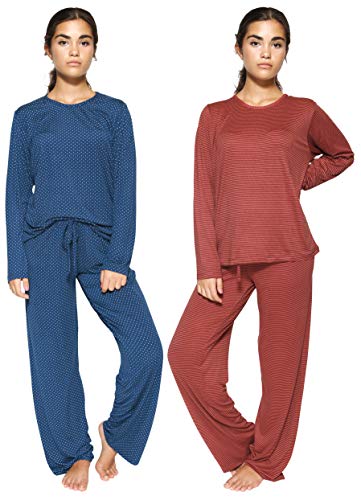 2 Pack: Womens Long Sleeve AOP Striped Pajama Sets Ladies Soft Winter Fall Sleepwear Pajamas Clothes Loungewear Long Sleeve Tops Pants Christmas Pj Sets for Women - Set 2 Small