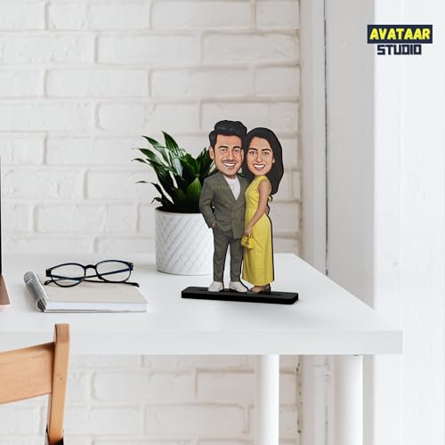 Image of Wood Rectangular Personalized Caricature Gift for Couple, 7 Inches, Tabletop Multicolor, Art Deco Style (Couple 7)