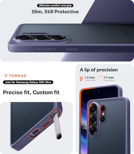 Image of TORRAS for Samsung Galaxy S26 Ultra Case, [12FT Military-Grade Protection] Slim Case for Samsung S26 Ultra Case Thin, Matte Translucent Purple, Thin, 6.9'' Guardian Series