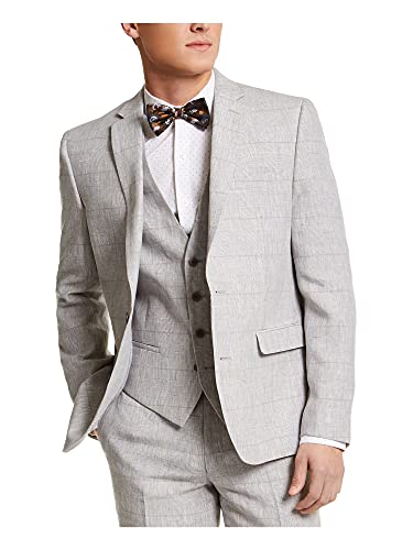 Bar III Mens Blazer Classic Light Red Slim Fit Plaid Gray 38