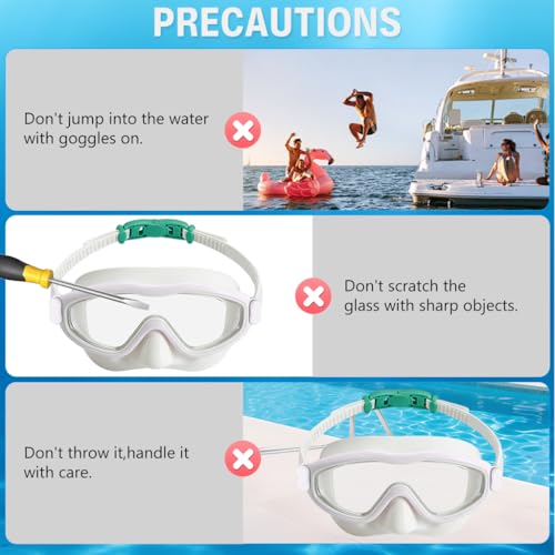 Image of PROBEROS Premium Swimming Goggles for Men & Women, 2-in-1 Wide View Goggles UV Protection & Anti-Glare Lenses with Anti-Choke Nose Cover & Earplugs, Adjustable No Pressure Swim Goggles, White