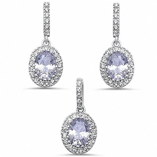 Halo Bridal Jewelry Set Simulated Oval Tanzanite & Round Cubic Zirconia 925 Sterling Silver