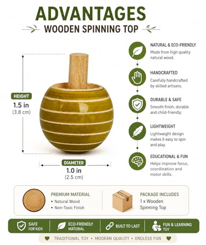 Image of Handmade Wooden Spinning Top, Classic Traditional Toy, Natural Wood, Montessori Educational Desk Fidget Toy for Kids
