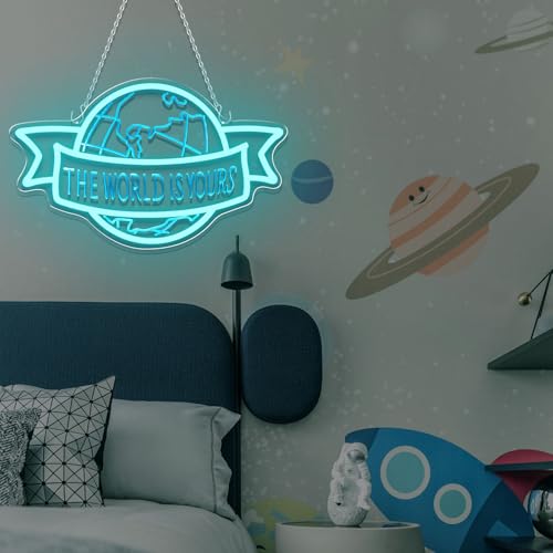 Image of The World Is Yours Neon Sign Motivational Blue LED Neon Light for Classroom | Dimmable Motivational Neon Light for Bedroom Man Cave Wall Decor Unique Birthday Christmas Gift for Kids, Teens, Adults