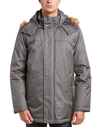 Cole Haan Signature Men's Nylon Rain Hooded Parka with Faux Fur Trim, Grey, XX-Large