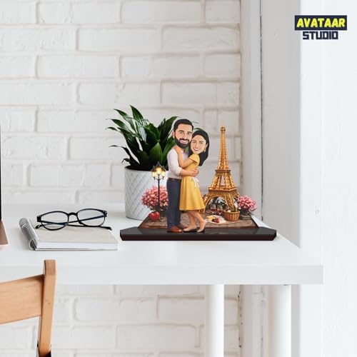 Image of Wood Rectangular Personalized Caricature Gift for Couple, 7 Inches, Tabletop Multicolor, Art Deco Style (Couple 11)