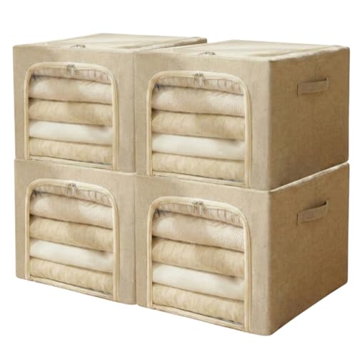 USUAL 49L - Linen Cloth Organizer for Storage Pack of 4, Moisture Free Organizer Storage Box, Saree Organiser for Wardrobe, Collapsible Storage Box, Large Storage Bags for Clothes