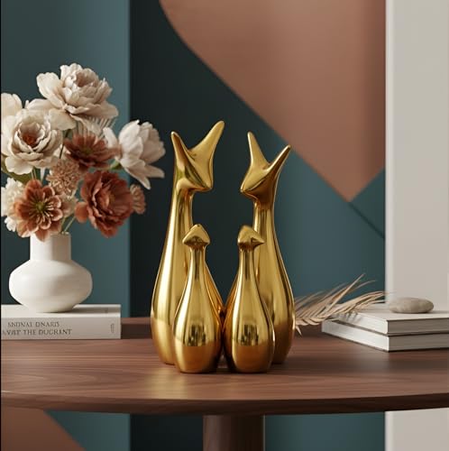 Image of Xtore Home Decor Lucky Deer Statue Family Metallic Gold Finish Ceramic Figures | | Elegant Family Deer Showpiece for Living Room, Office, Hall, Shelf Decoration - (Set of 4, Golden Set)
