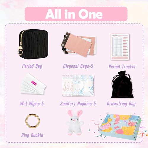 Image of First Period kit for Girls, Corduroy Cute Sanitary Napkin Storage Bag, Menstrual Pad Bag Tampon Holder for Purse, First Period Gifts (Black)
