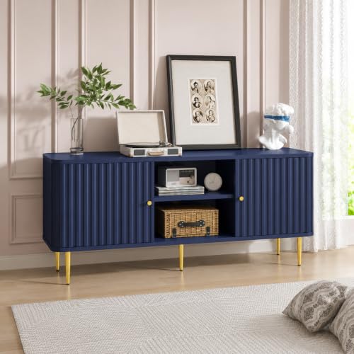 ARTPOWER 55 Fluted TV Stand Mid Century Modern Blue TV Stand for 55/60/65 inch TV Entertainment Center with Storage Television Stands TV Console Media Console for Living Room Bedroom (Blue)