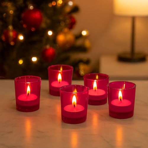 Image of Pure Source India Set of 12 Votive Glass Candle Holders with Tealight Candles | Decorative Diwali Lights for Home, Pooja & Festive Decor (Pink)