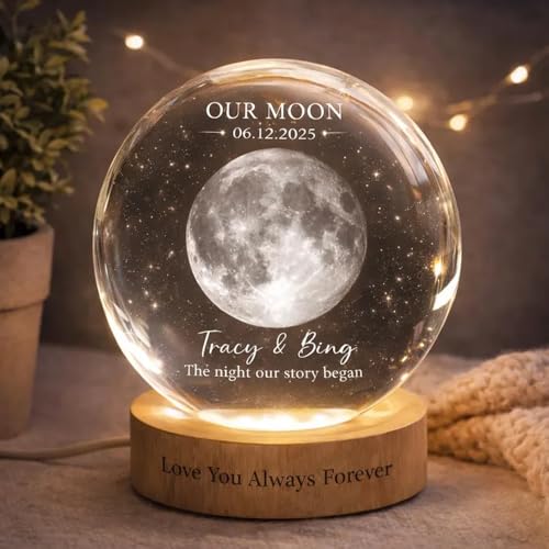 Image of Evamall Personalized Moon Phase Crystal Ball Night Light, Custom Night Sky By Date Lamp, Our Special Day Keepsake Gift for Couple Anniversary Wedding