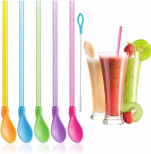 ANGELEMM 10c Multi-colored Plastic Slush Straws with Scoop, 2-in-1 Design, Heavy Duty, 9.25x1.06 inches, 10 Count