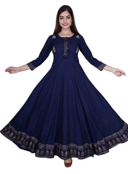 Image of Women's Printed Rayon Anarkali Kurti with 3 /4 Sleeves - Perfect for Festive, Party