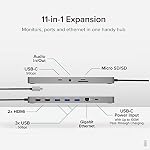 Plugable 11-in-1 USB-C Hub, 100W USB-C Pass-Through, Laptop Docking Station Dual Monitor, 4K 60Hz HDMI, Compatible with Thunderbolt, Windows, Chromebooks, Displays Mirrored on Mac