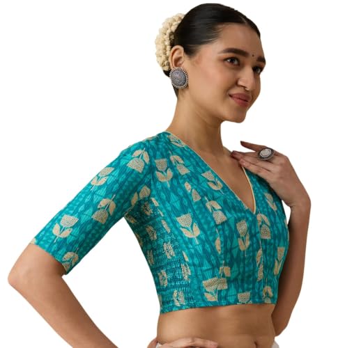 Image of Studio Shringaar Women's Cotton Printed Side Stretch (Smocked) Readymade Saree Blouse