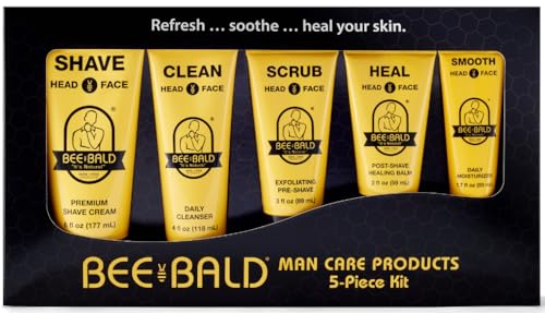 Bee Bald Premium Gift Set for Bald Men, Gift to Combine with Head Shavers for Bald Men Gift - Includes Bald Head After Shave, Moisturizer, Shaving Cream, Exfoliator, and Cleanser (5 Piece Kit)