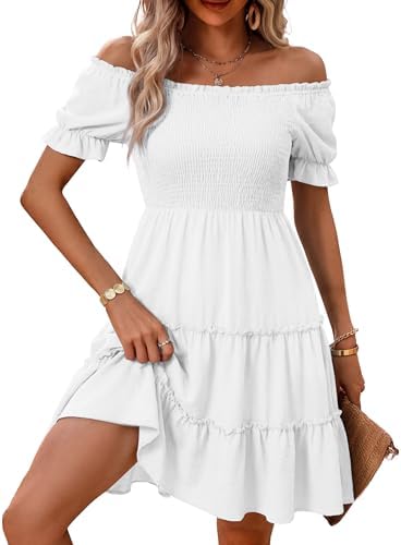 Women's Summer Off Shoulder Dress Square Neck Puff Sleeve Smocked...