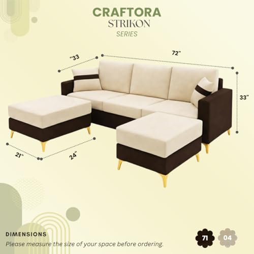 Image of Strike Dual Tone Plush Velvet 3 Seater Sofa Set with 2 Ottoman | Silken Velvet Suede Upholstery | Golden Metal Legs | Designer Sofa for Living Rooms & Office Spaces (Dark Brown & Cream) | Breathable Material