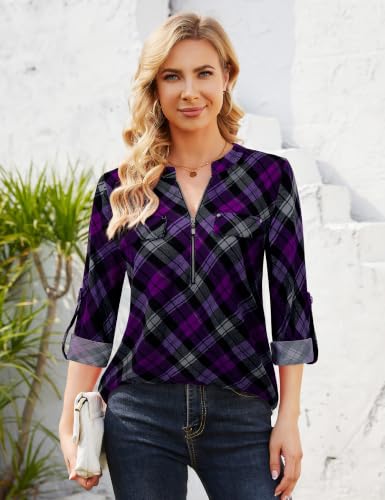 Image of Bulotus 3 /4 Length Sleeve Womens Striped Tops Zipper V Neck Collared Blouses Business Casual Tunics 2026 Spring Trendy