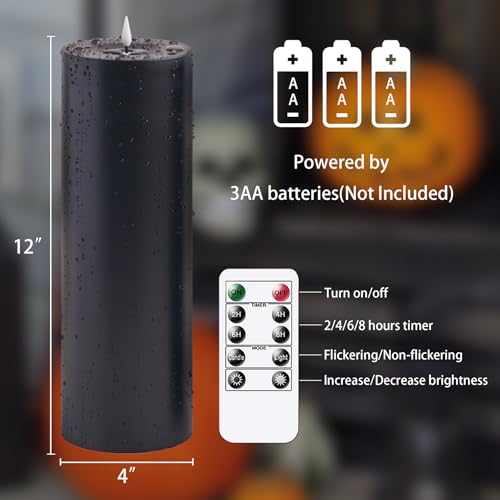 Image of Waterproof 4 inch x 12 inch Flameless LED Remote Candles, Battery Operated Flickering Fake Timer Pack of 2 Tall Large Plastic Black Pillar Lasting 420 Hrs Outdoor Candles for Halloween Festival