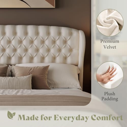 Image of AMERLIFE Full /Queen Headboard Only, Velvet Upholstered Wingback, Cream