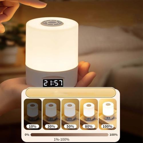 Image of One94Store LED Touch Table Lamp with Built-in Clock & Alarm - Rechargeable Oval-Shaped, Dimmable 3-Color Night Light with Time Setting Option at Back for Bedroom, Office & Home Decor