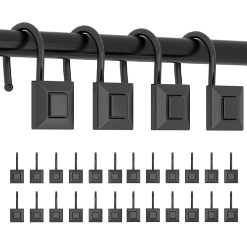 GILLAS Shower Curtain Decorative Hooks Set of 12 Shower Curtain Rod Rings for Bathroom Rust Resistant Square Black Heavy Duty Tool-Free Install