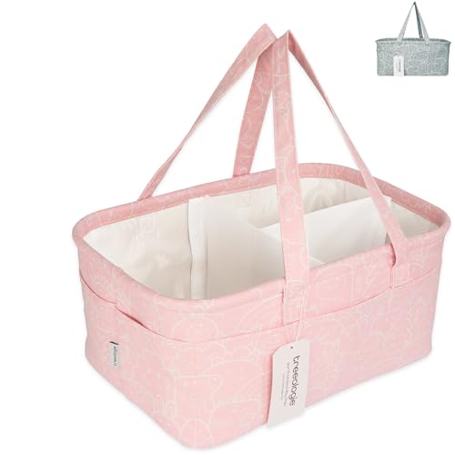 Image of Baby Diaper Caddy Organizer Basket for Nursery Changing Table - Car Storage Tote Bag for Nappy, Diapers, and Wipes - Newborn Registry Shower Gift for Girl and Boy Must Haves - Travel Bin (Pink)