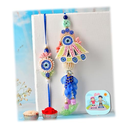 Image of CraftVatika Premium Evil Eye Rakhi Set for Brother Bhabhi | Designer Rakhi Set for Bhaiya Bhabhi Evil Eye Lumba Couple Pair with Fridge Magnet Gift, Rakshabandhan Greeting Card, Tilak Set, Home decor