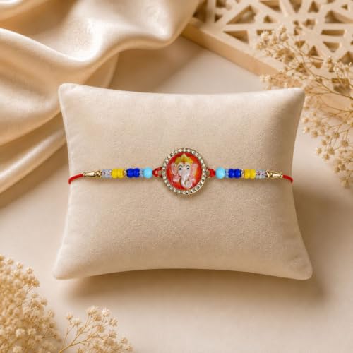 Image of Oblivion Rakhi For Brother - Elegant Stylish God Designer Rakhi with Beads and Silver Colour Pooja Coin, Tilak Set & Greeting Card - Traditional Raksha Bandhan Combo for Bhai