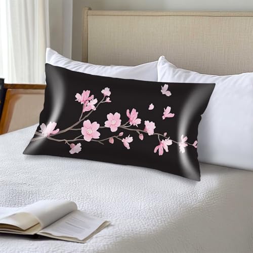Silk Satin Pillowcase for Hair and Skin,Cherry Blossom Long Pillow Cover King Size Pillowcases Envelope Closure,Cherry Blossoms Flower Pillow Covers Black Decorative Cushion Covers for Bed,20"x40"