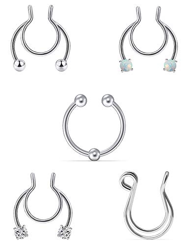Oufksiyy Fake Nose Rings Hoop Face Septum Ring Clip on Spring Faux Lip Ring Helix Cartilage Earrings Surgical Steel Moon Ear Lobe Conch Non Piercing Jewelry for Women