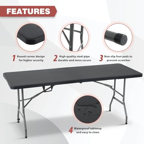 Table pliante robuste 1,80 m portable noire avec poignées ergonomiques