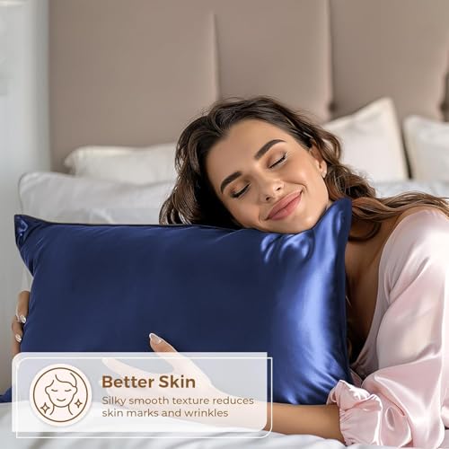 Image of Craftelio Satin Pillow Covers Set of 2 with 3 Free Random Color Hair Scrunchies - Anti-Frizz, Skin-Friendly, Soft & Durable Pillowcase Set for All Hair Types (Navyblue)