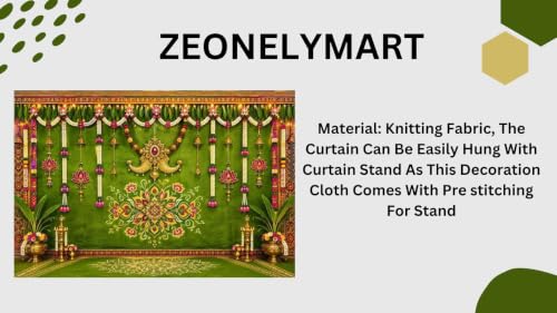 Image of varalakshmi puja Decorations Cloths | Decoration Backdrop Groom | Vibrant Green Puja Stage Decoration Backdrop with Hanging Bells and White Jasmine Strands 8x8 Feet | Wedding Backdrop Cloth