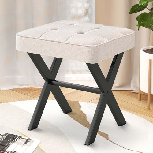 Costaskf Ottoman & Vanity Stool, Upholstered Cushion in Leather, 18" X-Leg Square Stool for Bedroom & Living Room, Black