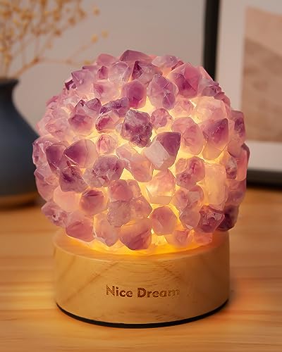 Nice Dream Natural Amethyst Lamp, Crystal Night Light with Wooden Base for Women and Girls Bedroom Decor, Healing Crystal Light for Meditation, Yoga, Gift for Christmas, Birthday， Anniversary