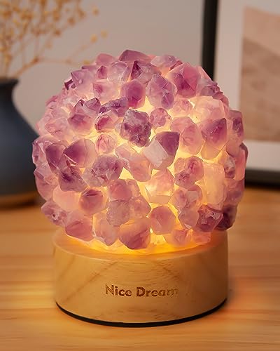 Nice Dream Amethyst Crystal Lamp, Healing Crystals Night Light with Wooden Base, Amethyst Crystal Ball Table Lamp for Meditation, Yoga,Amethyst Gift for Christmas, Birthday,Anniversary