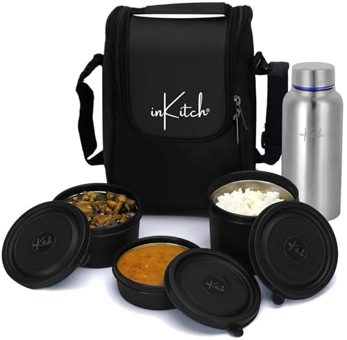 Image of Microwave Safe Lunch Box Set with Bag | 3 Stainless Steel Inner Containers & 1 Steel Bottle | Leakproof Tiffin Box for Office, School, College | Durable, Easy to Carry, Black