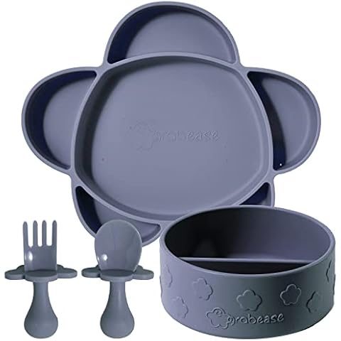 grabease Baby Feeding Set - Silicone Section Bowl, Cloud Section Plate and grabease Utensils - Gray Cover