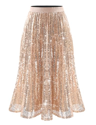 Bridesmay Sparkly Sequin Pleated Skirts Knee Length Swing A-line High Waisted Skirt for Cocktail...