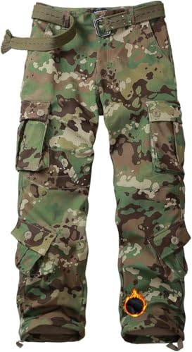 Men's Fleece Lined Camo BDU Cargo Tactical Pants Winter Casual Travel Ski Pant Combat Cotton Work Trousers with 8 Pockets CP Camo,W34