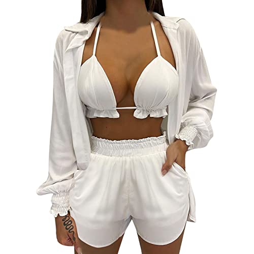 Vecduo Women Summer Set 3Pcs Lantern Sleeve Shirt Floral Print Shorts Set With Crop Top Black #TOP3