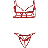 SweetFlirt Women's Elastic Designer Lace Open Plus Size Adjustable Bondage Lingerie Set Bra Panty (Large, Bust-34 Waist-32, RED)