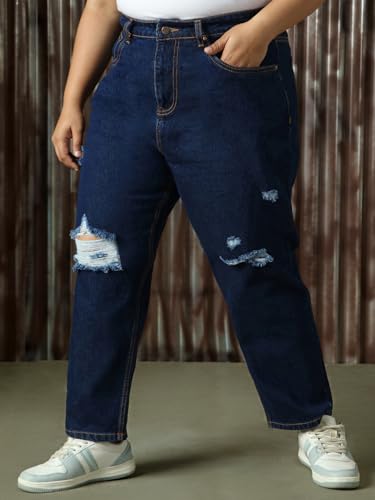 Image of High Star Plus Size Women Cotton Washed Mom Fit High-Rise Jeans