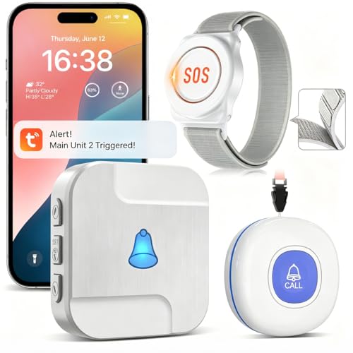 CallToU Tuya WiFi Personal alarms for elderly Waterproof elderly alarm call button System with 1 Call button 1 Wrist button & Receiver - Connects to Phone only Supports 2.4GHz WiFi