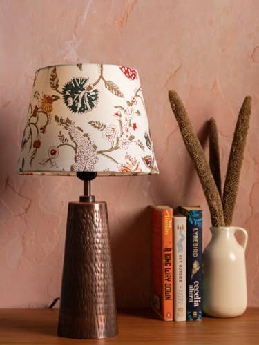 Image of Green Girgit Copper Etched V-Shaped Lamp with Multicolor Taper White Shade, Modern Table Lamp with Floral Shade, Hammered Copper Base (LED Bulb Included)
