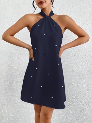 Image of Floerns Women's Pearl Beaded Halter Twist Sleeveless Tie Back Dress A Line Dress