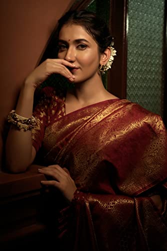 Image of Vardha Women's Kanchipuram Art Silk Saree with Unstitched Blouse Piece - Zari Woven Work Sarees for Wedding